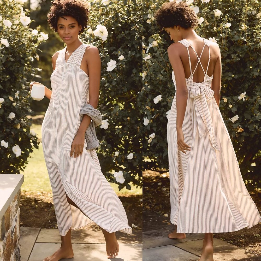 By Anthropologie Sleeveless Bow-Back Maxi Dress SIZE S new ivory stripes new nwt - Picture 1 of 7